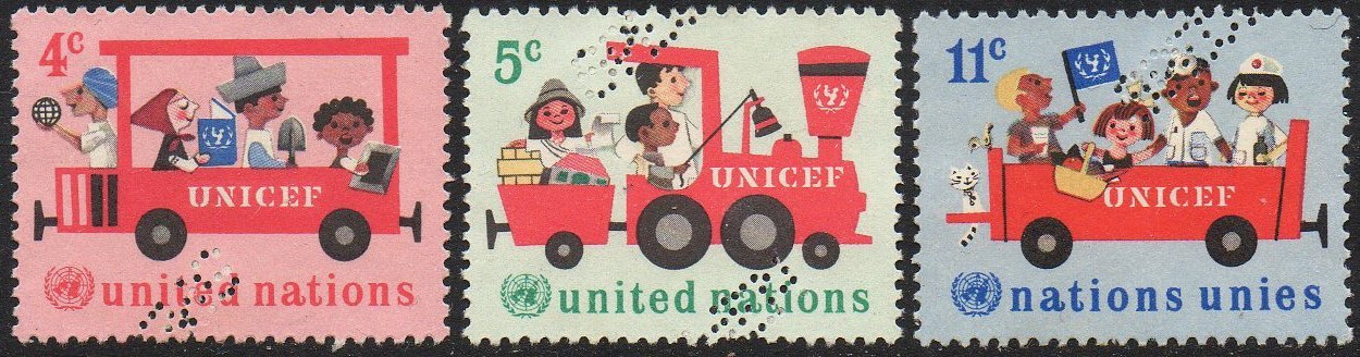 Stamps perforated SPECIMEN - 1966 United Nations New York 20th Anniversary UNICEF Railway